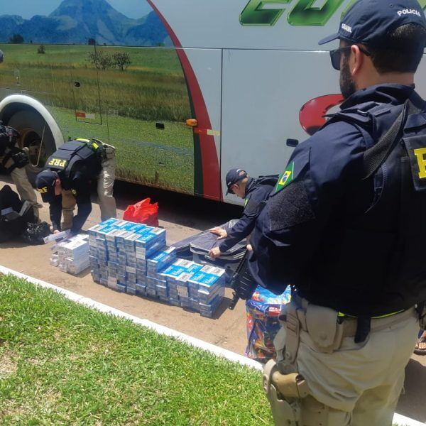 PRF apreende 1,3 mil maços de cigarro dentro de ônibus