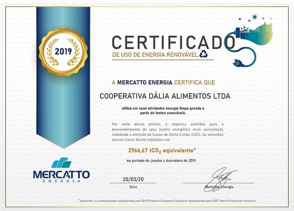 Dália recebe Certificado de Uso de Energia Limpa e Renovável