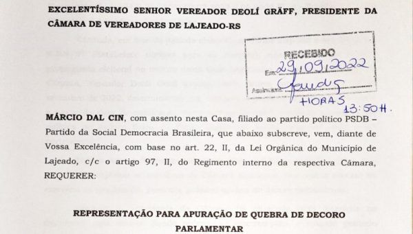 Protocolado pedido de sindicância contra vereador em Lajeado