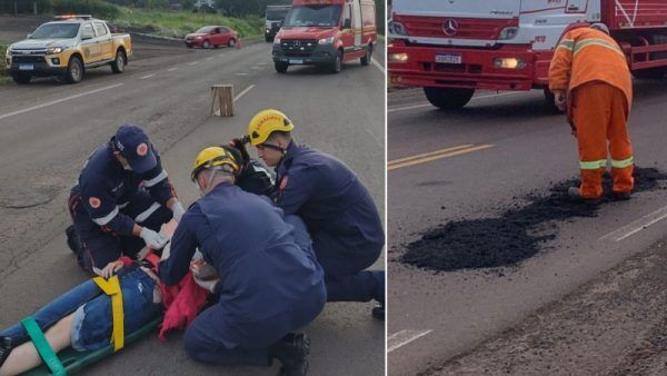 Motociclista fica ferida ao cair em buraco na 453, em Cruzeiro do Sul