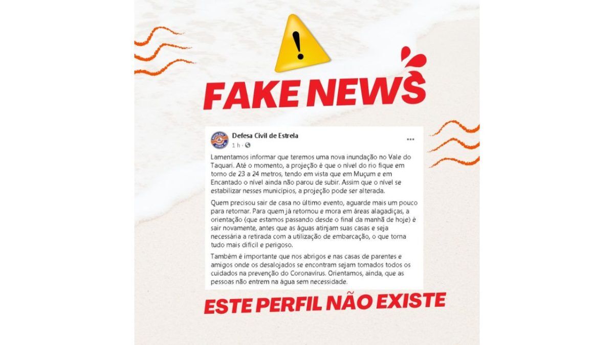 Print de página da Defesa Civil de Estrela espalha notícia falsa