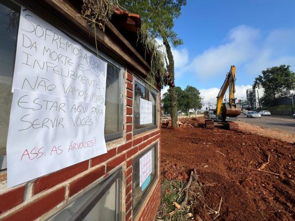 Com cartazes, moradores protestam contra corte de árvores em Lajeado