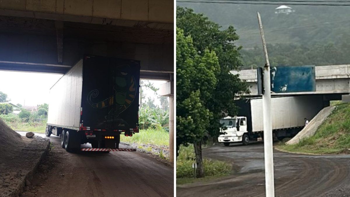 Caminhão volta a entalar sob viaduto no acesso a Marques de Souza