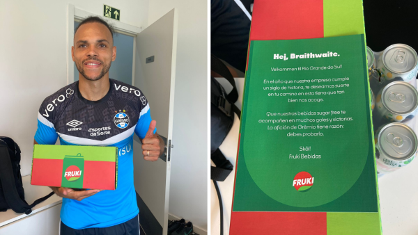 Fruki presenteia atacante dinamarquês do Grêmio com refrigerante zero açúcar