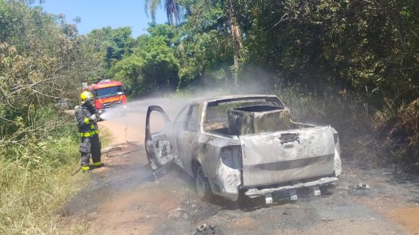 Bombeiros combatem incêndio em picape no interior