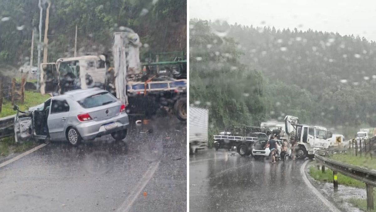 Acidente entre caminhão e dois carros bloqueia BR-386, em Pouso Novo