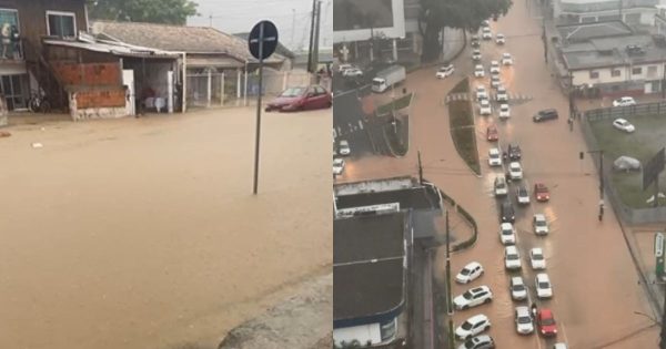 Forte chuva alaga vias e deixa carros submersos em Balneário Camboriú