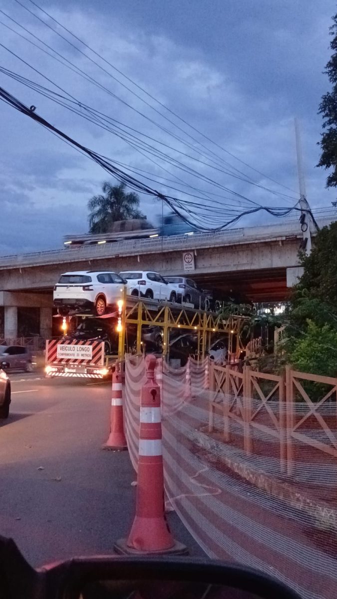 Caminhão cegonha fica trancado no viaduto da Pasqualini